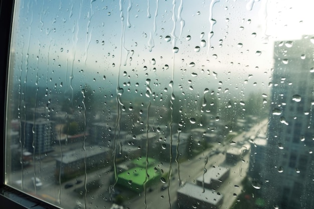 Water droplets and squeegee on highrise glass surface