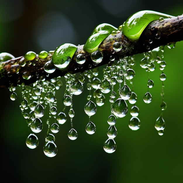 Water droplets on the tree branch in the rainforest Nature background