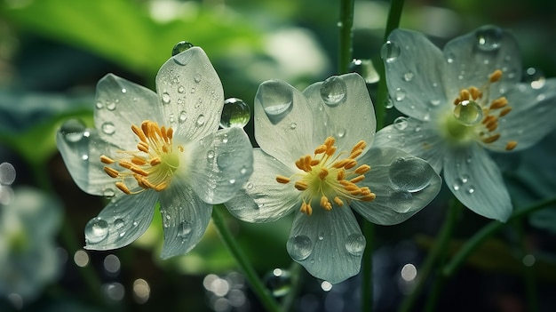 Water droplets on white flowers with green leaves in the background