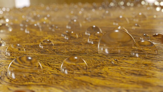 Water droplets on wooden table 3D Rendering