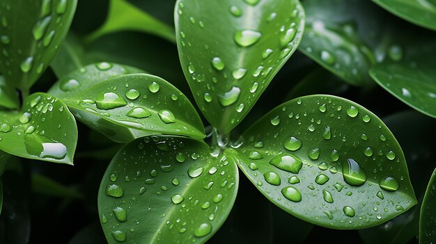 Photo water drops on a background of green leaves