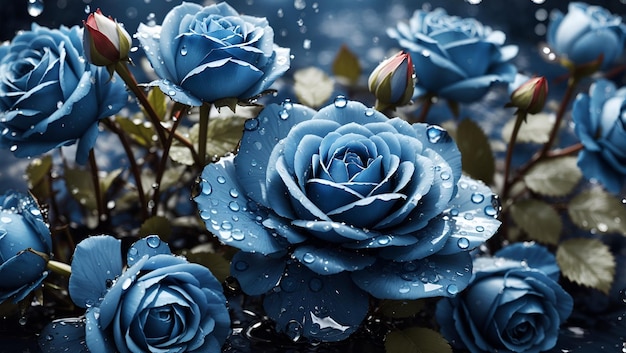 Water drops on a beautiful blue rose flowers gardens background design wallpaper