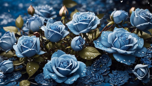 Water drops on a beautiful blue rose flowers gardens background design wallpaper