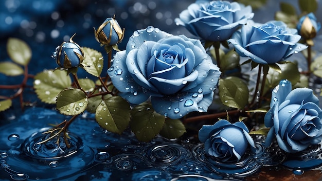 Water drops on a beautiful blue rose flowers gardens background design wallpaper