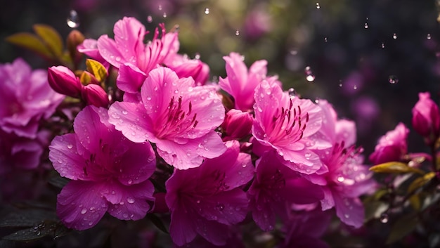 Water drops on a beautiful colorful azalea flowers gardens background design wallpaper