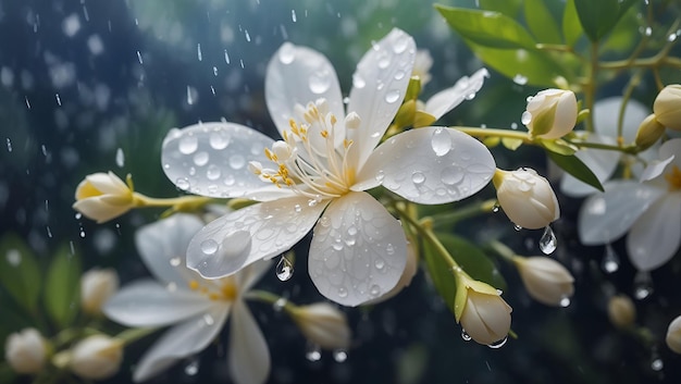 Foto gocce d'acqua su bellissimi fiori di gelsomino colorati giardini sfondo carta da parati generata da ai