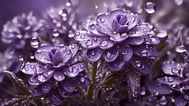 Water drops on a beautiful colorful lavender flowers gardens background design wallpaper