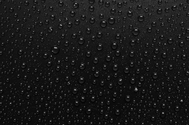 Photo water drops on black background. top view.