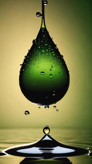 Water drops on black glass background illuminated with green