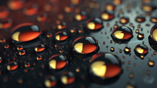 Water drops on a black surface with a red heart in the middle.