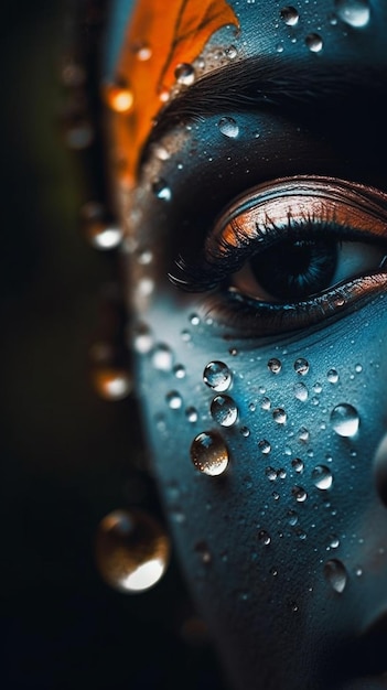 Foto gocce d'acqua su una foto di primo piano di una faccia blu