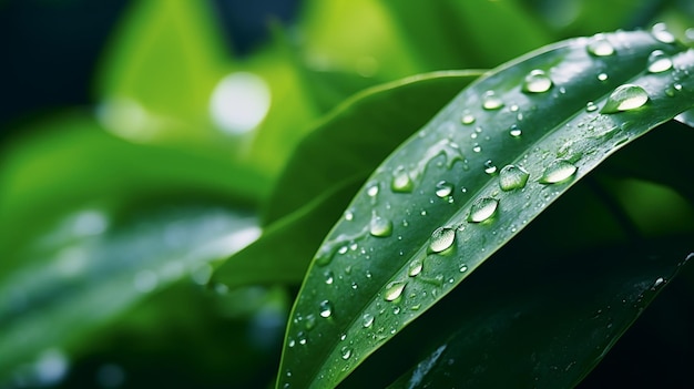 Water drops close up on a green leaf