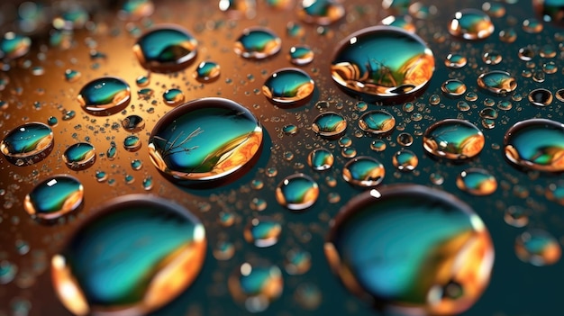 Water drops on a copper surface with the word rain on it.