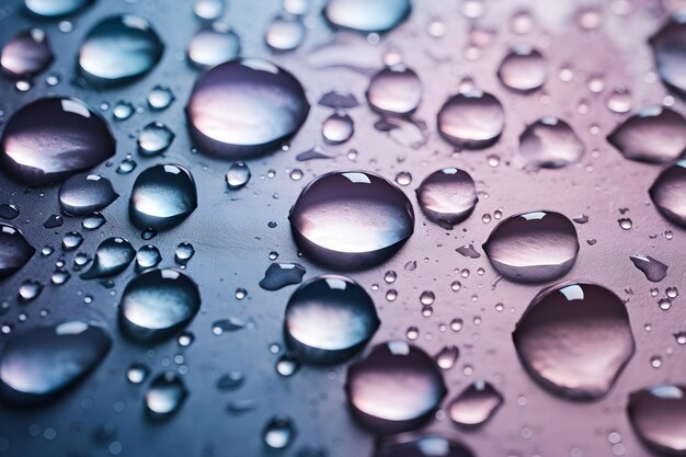 Water drops on a dark surface with a pink and blue background