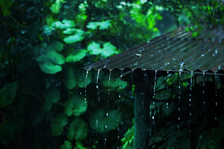 Photo water drops falling from roof during rainy season