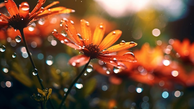 water drops on flower blur bokeh