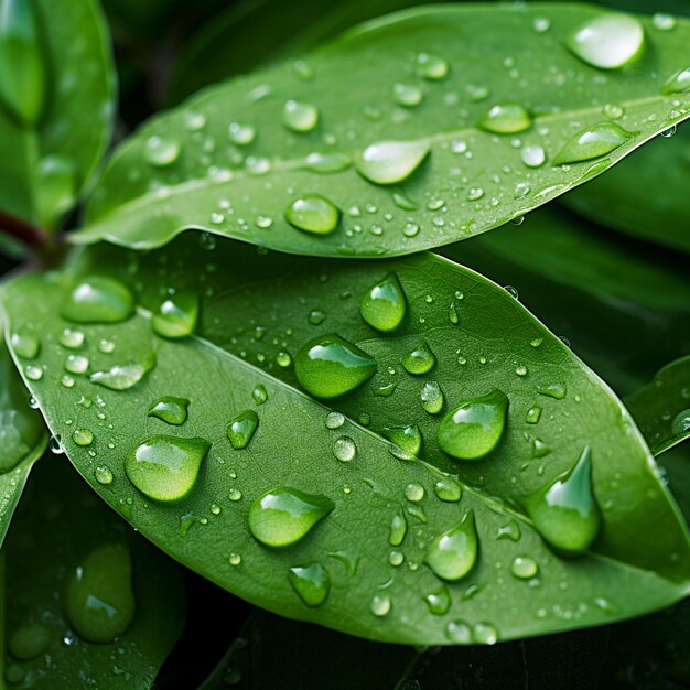 water drops on fresh green leaves closeup