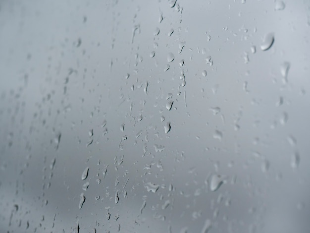 Water drops on glass against a gray cloudy sky