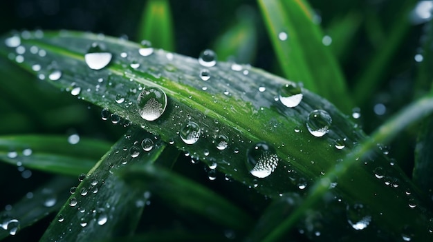 Water drops on green grass nature background shallow dof