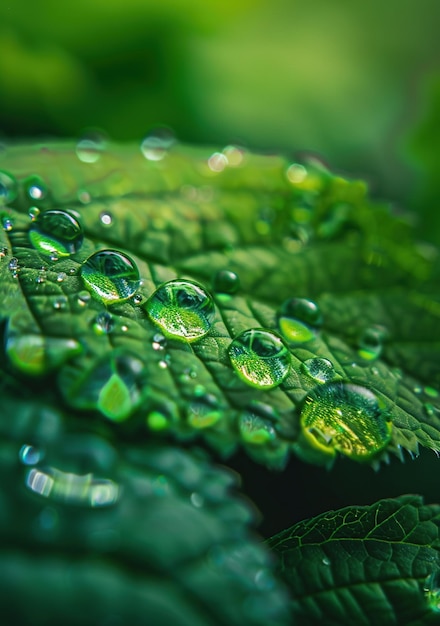 Water drops on green leaf Nature background Shallow depth of field