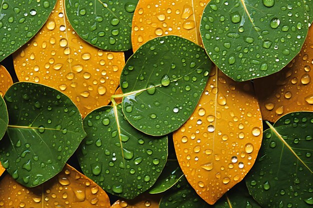 Water drops on green leaves Natural background with copy space for text