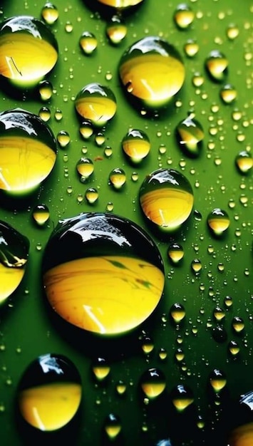 Photo water drops on a green surface with the word rain on it.