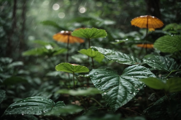 Water drops on leaves on a rainy day