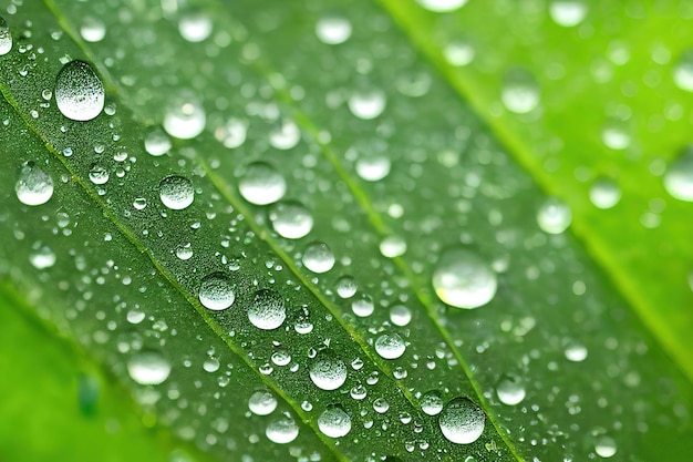 Water drops of morning dew on green leaves 3D illustration