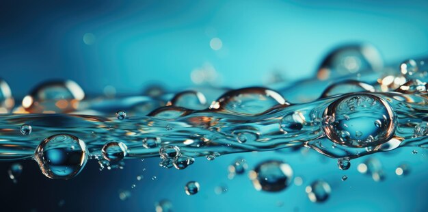 Photo water drops or oil bubbles on blue background droplets panorama picture