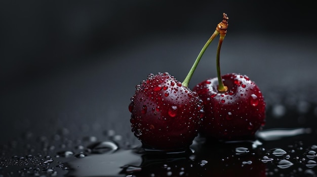 water drops on red cherries on a black background