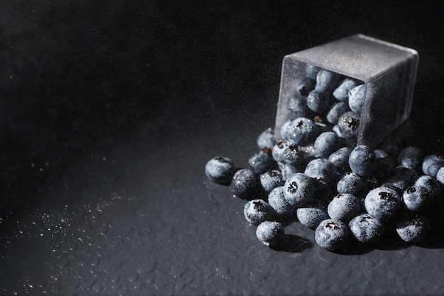 Water drops on ripe sweet blueberry. Fresh blueberries background with copy space for your text. Vegan and vegetarian concept. Macro texture of blueberry berries.Texture blueberry berries close up