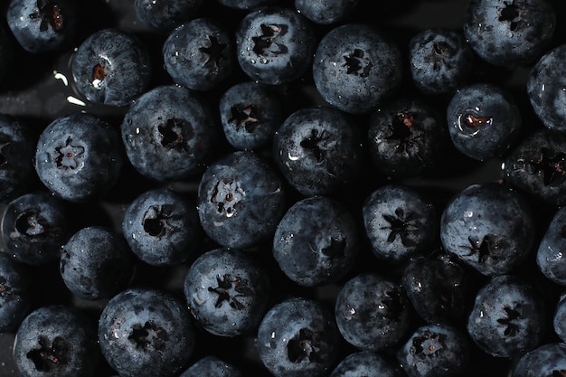 Water drops on ripe sweet blueberry. Fresh blueberries background with copy space for your text. Vegan and vegetarian concept. Macro texture of blueberry berries.Texture blueberry berries close up