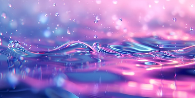 Foto acqua e gocce su holografico luccicante astratto lilac rosa sfondo viola con spazio di copia