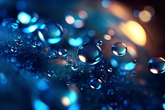 濃い青色の背景に水滴のスポットとライトの生成 AI