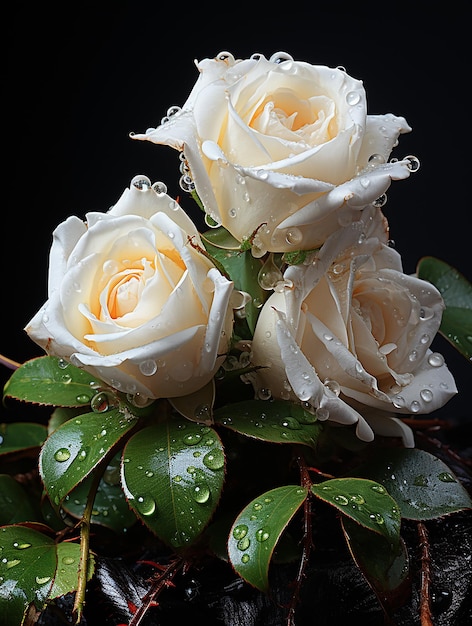 Water Drops and White Roses on Black Background