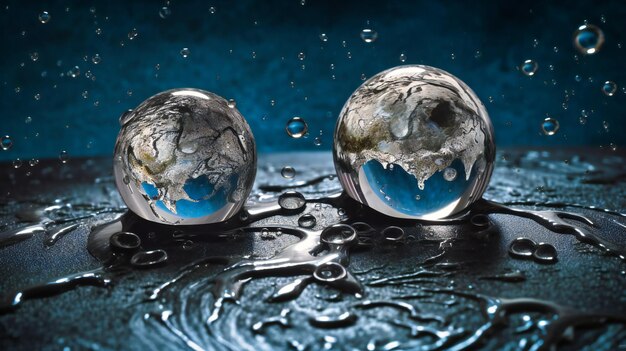 Water drops with the earth image in them