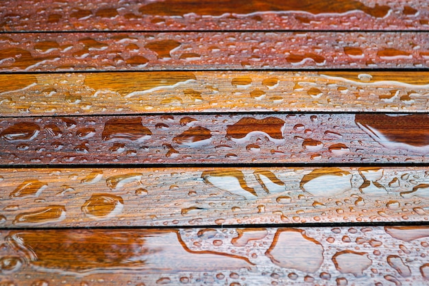 Water drops on a wooden floor surface.Drop of water on wood with raindrop after a rain.
