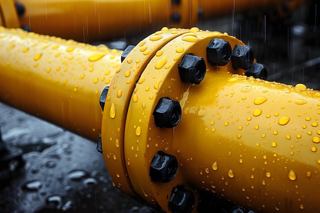 Water drops on yellow pipeline closeup Industrial background