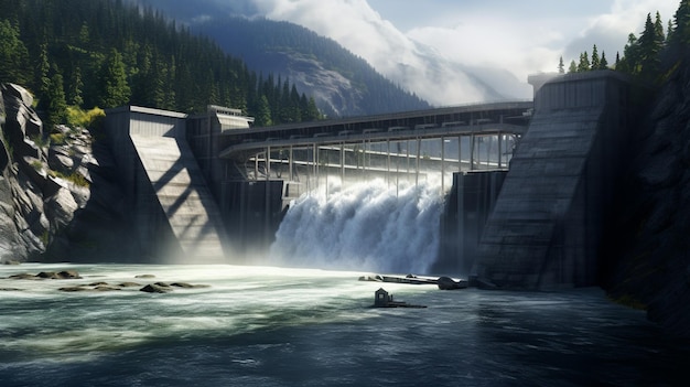water falling over a dam with mountains in the background
