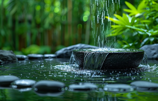 Water falling from stone bowl into garden pond