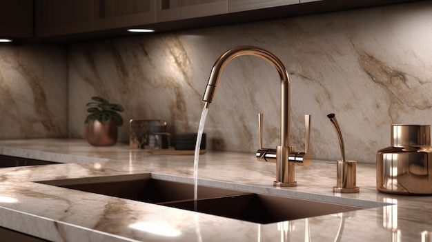 Water faucet with sink in the kitchen marble finish modern kitchen interior design