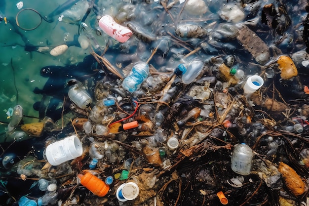 Вода, наполненная пластиковыми бутылками и другим мусором.