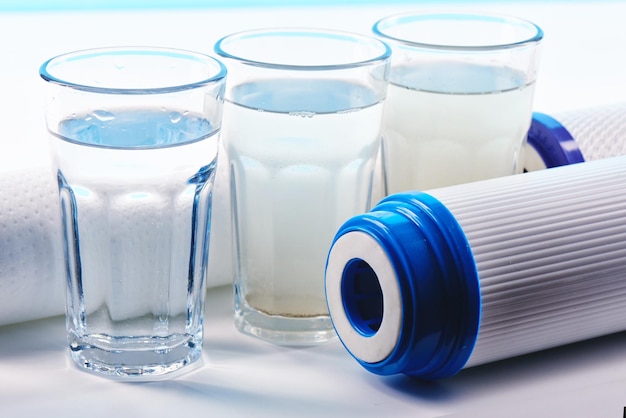 Water filters. Carbon cartridges and glasses on a white background. Household filtration system.