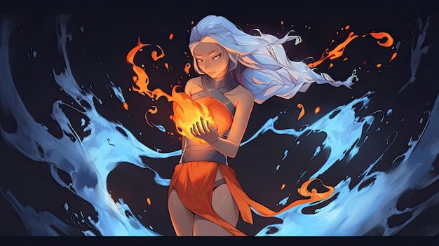 Water and fire elemental girl anime style character design concept