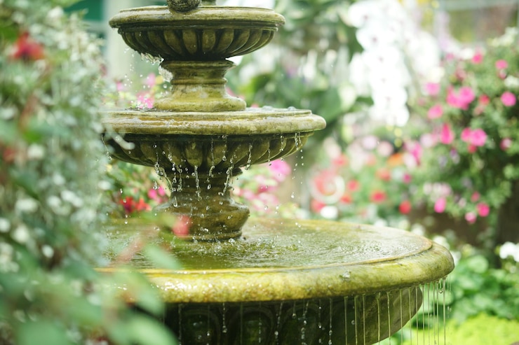 Photo water flowing fountain decorating in flower garden