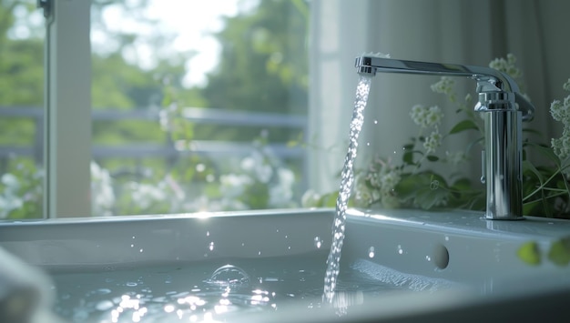 Photo water flowing from the faucet in the bathroom with white flowers