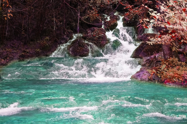 Вода пропуская на утесе в заводи горы. природный ландшафт ручья в водопаде