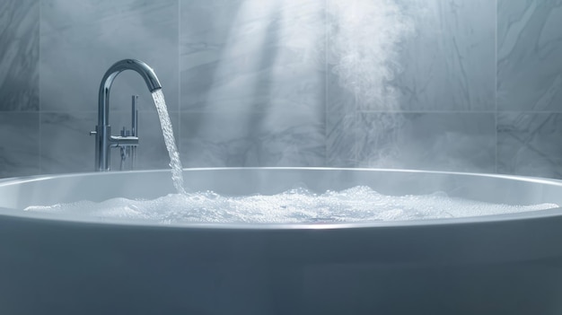 Water flows from the tap into the bath Water pours from the faucet into the bath tub with steam