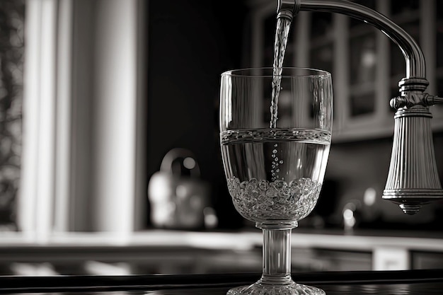 Water flows from tap into beautiful glass in stylish kitchen