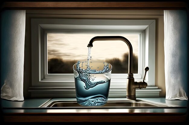 Photo water flows from tap into empty sink above which hangs picture with gl of water